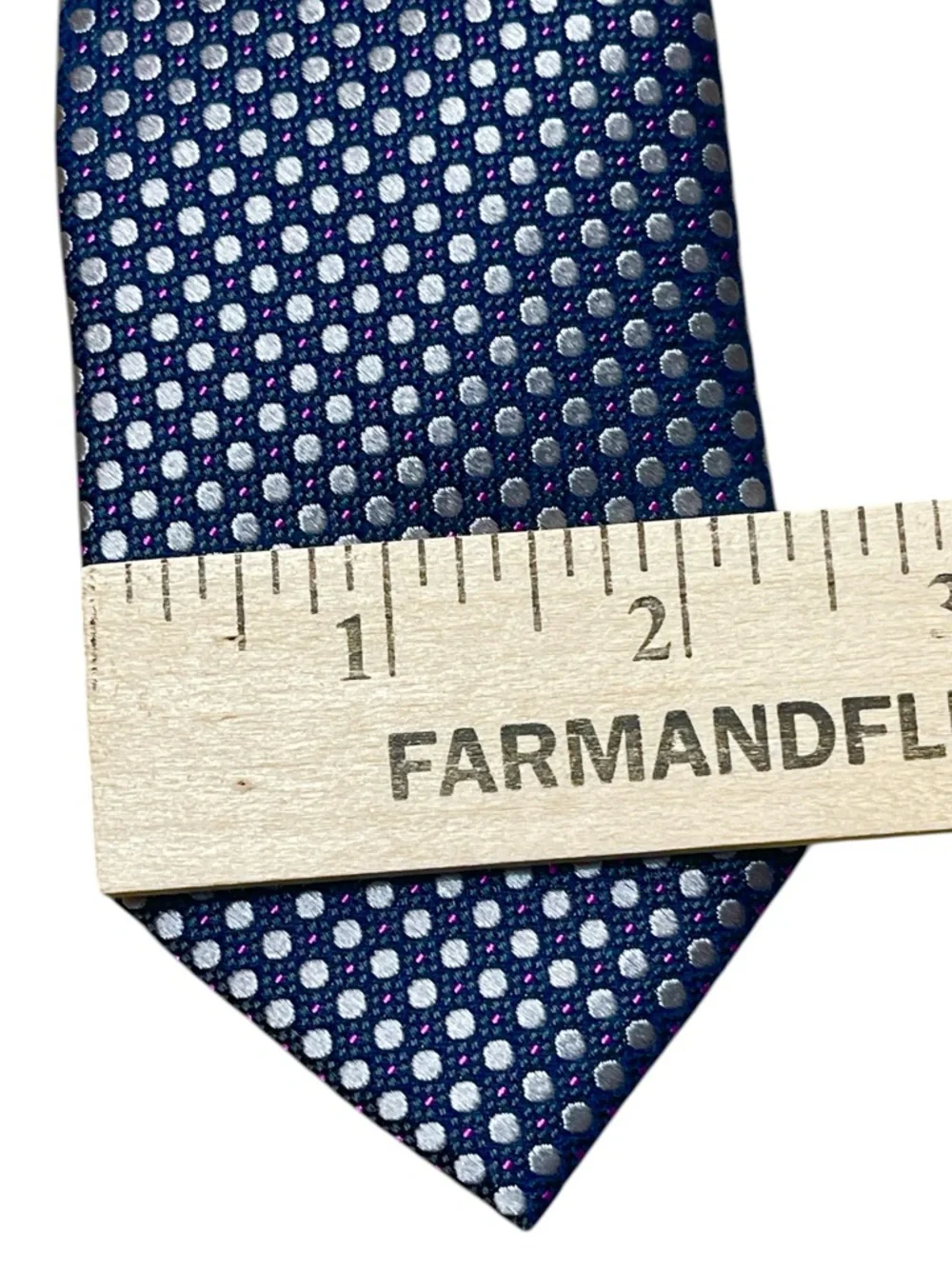 Ted Baker Navy Silk Skinny Tie with Silver and Purple Dot Pattern